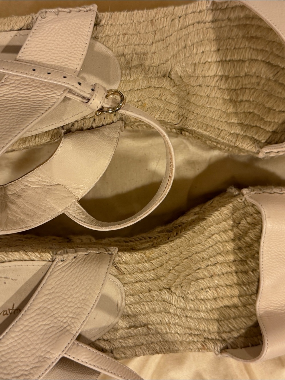 Salvatore Ferragamo Cream Leather Espadrille Sandals with Gold Accent